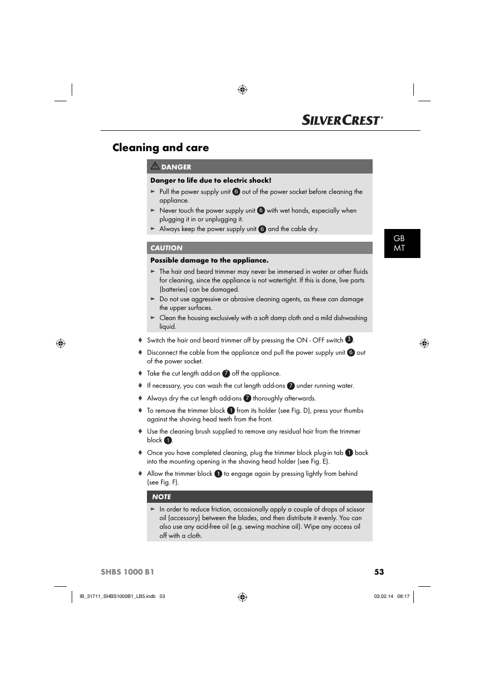 Cleaning and care, Gb mt | Silvercrest SHBS 1000 A1 User Manual | Page 56 / 74