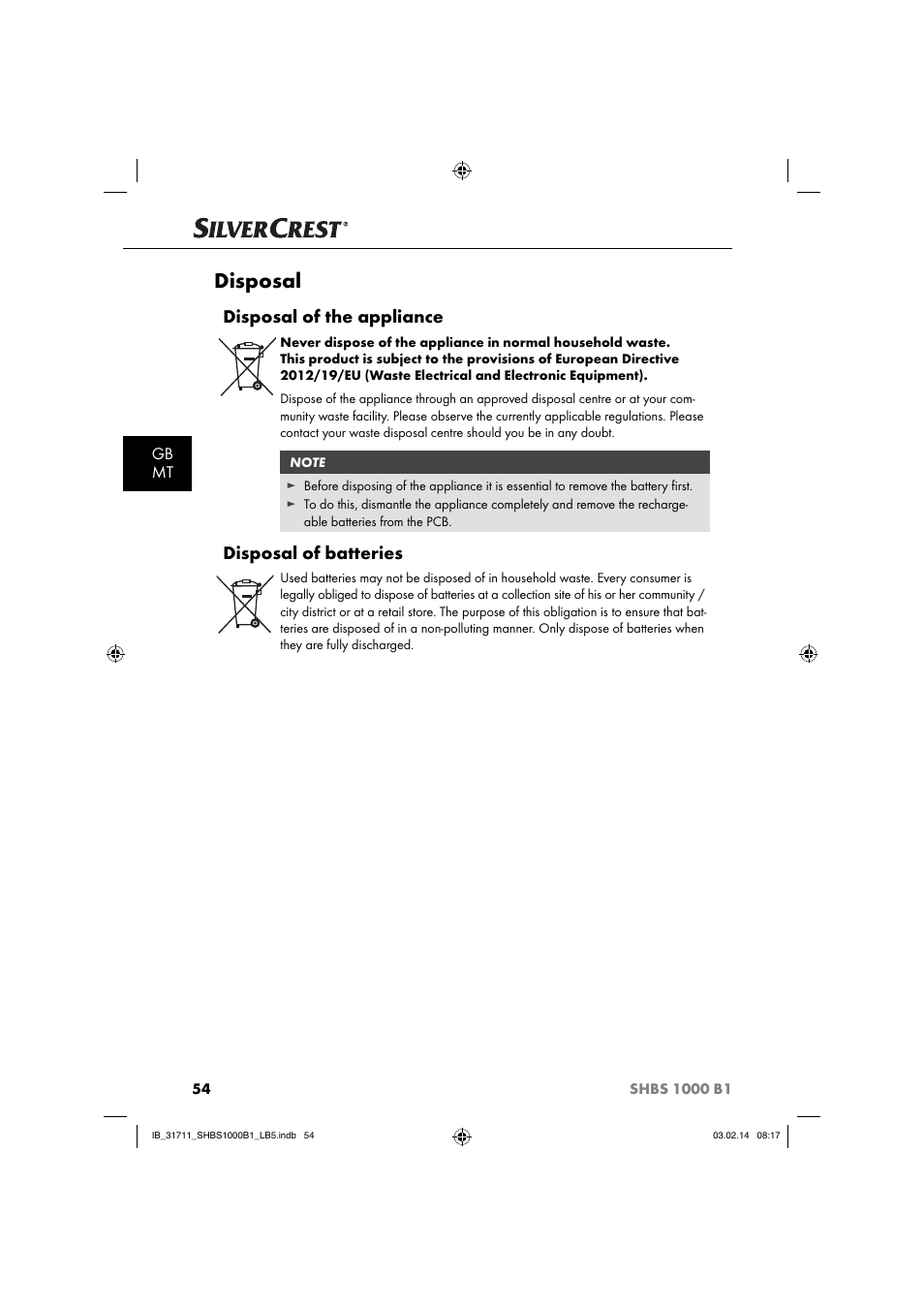 Disposal, Disposal of the appliance, Disposal of batteries | Gb mt | Silvercrest SHBS 1000 A1 User Manual | Page 57 / 74