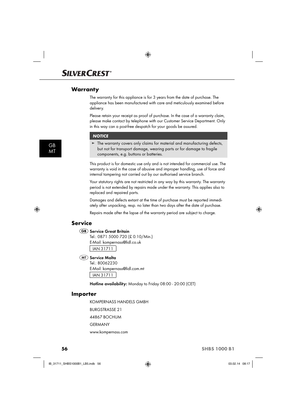 Warranty, Service, Importer | Gb mt | Silvercrest SHBS 1000 A1 User Manual | Page 59 / 74