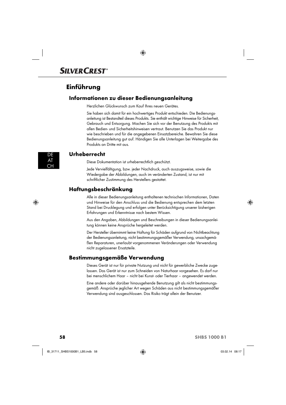 Einführung, Informationen zu dieser bedienungsanleitung, Urheberrecht | Haftungsbeschränkung, Bestimmungsgemäße verwendung | Silvercrest SHBS 1000 A1 User Manual | Page 61 / 74