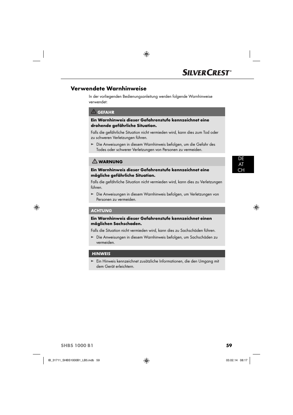 Verwendete warnhinweise, De at ch | Silvercrest SHBS 1000 A1 User Manual | Page 62 / 74