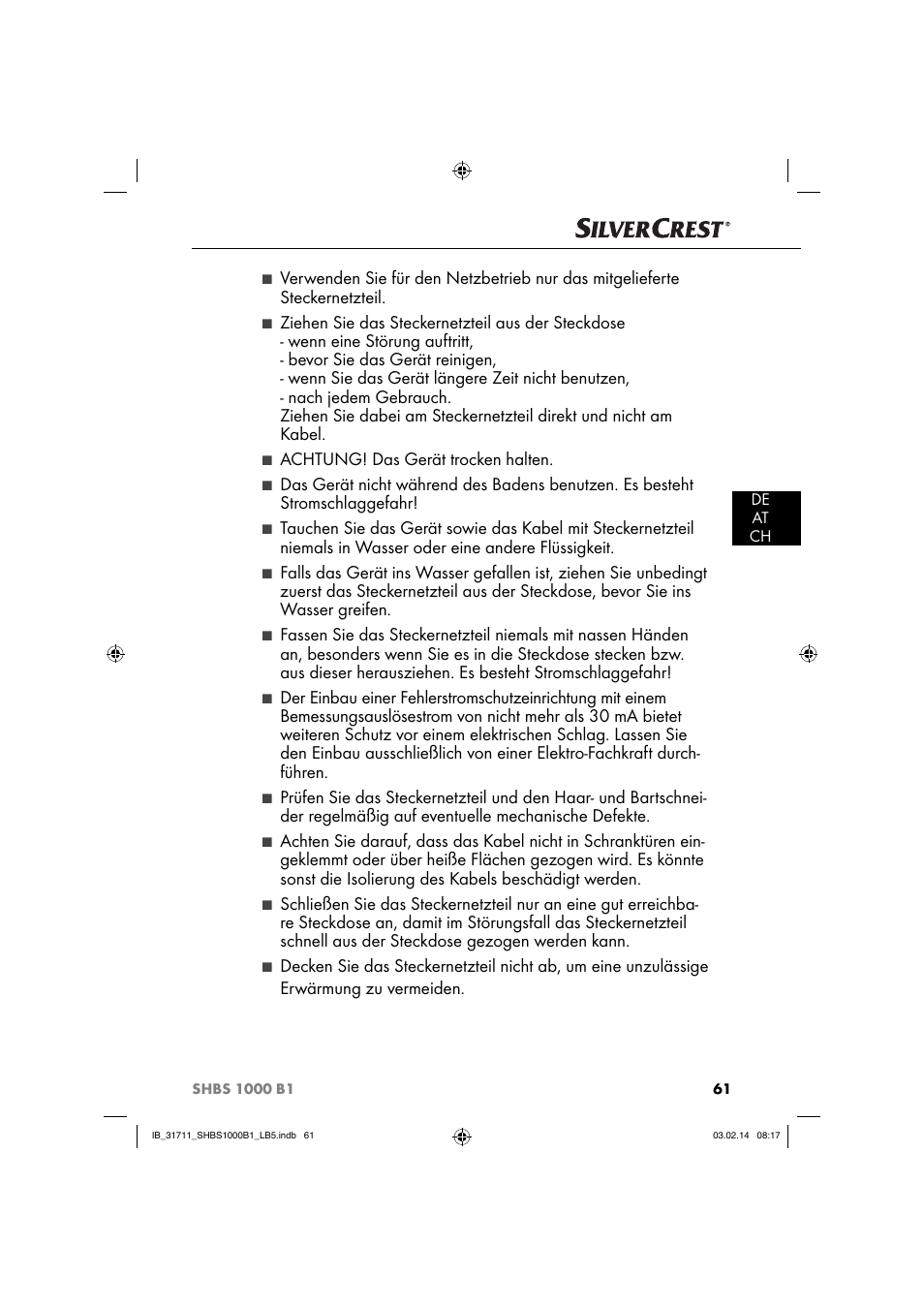 Achtung! das gerät trocken halten | Silvercrest SHBS 1000 A1 User Manual | Page 64 / 74