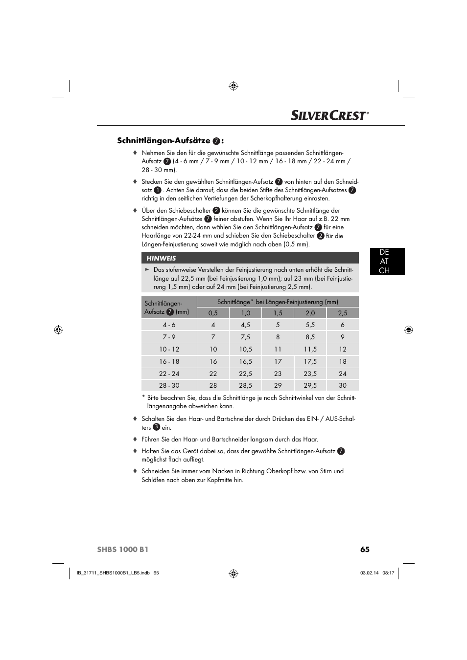 De at ch schnittlängen-aufsätze | Silvercrest SHBS 1000 A1 User Manual | Page 68 / 74