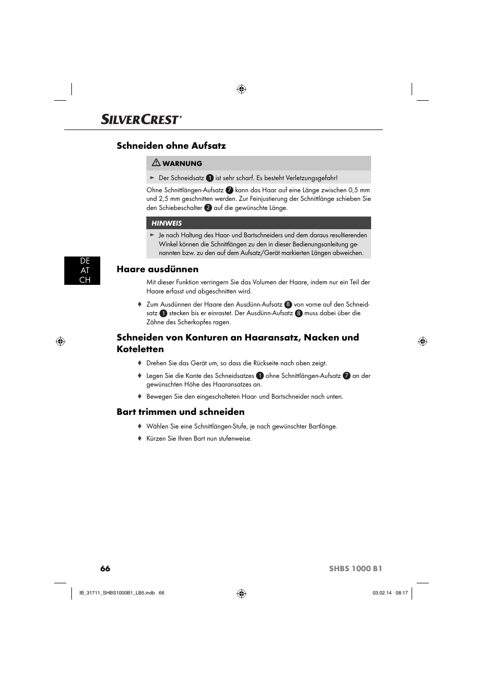Schneiden ohne aufsatz, Haare ausdünnen, Bart trimmen und schneiden | De at ch | Silvercrest SHBS 1000 A1 User Manual | Page 69 / 74
