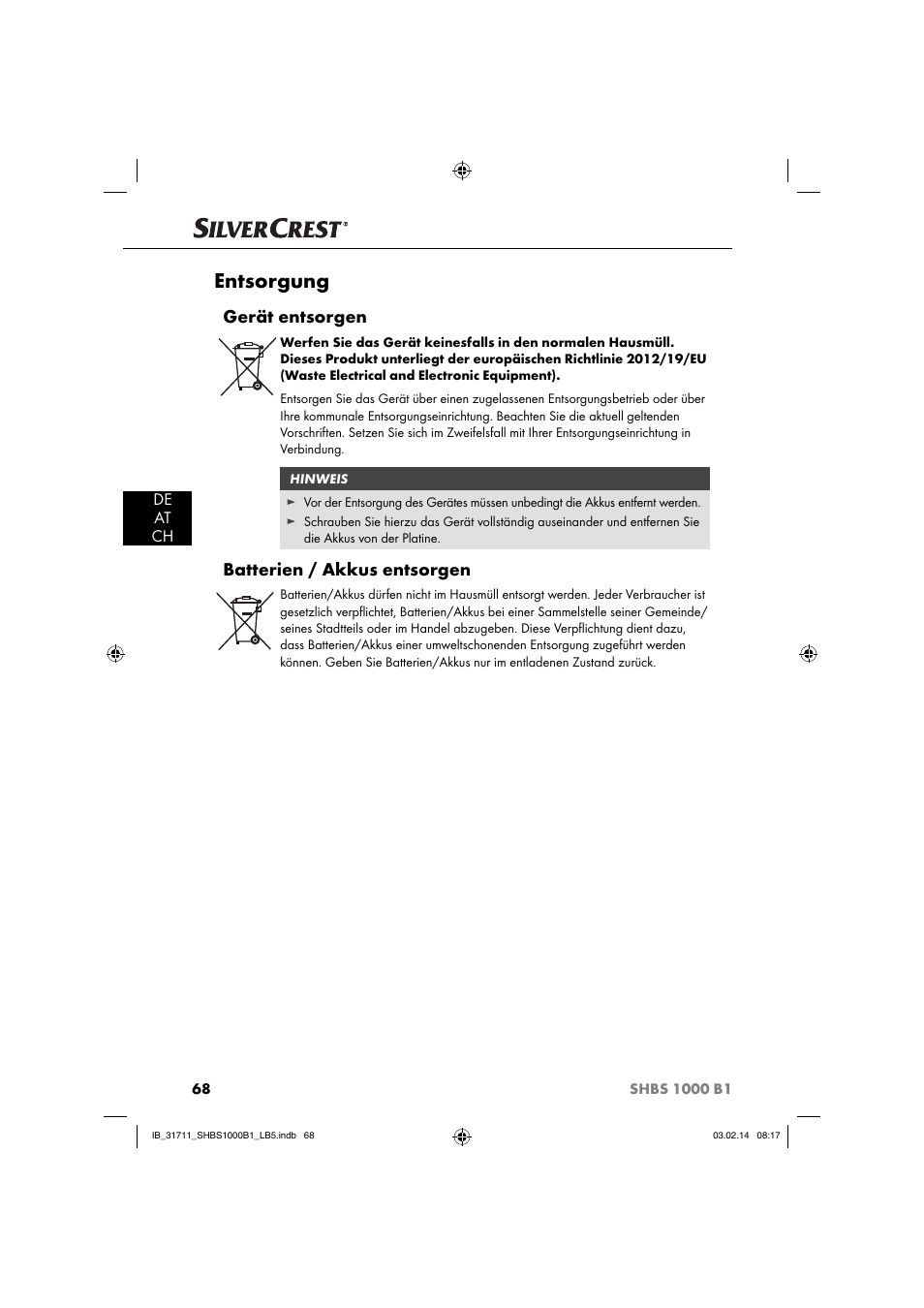 Entsorgung, Gerät entsorgen, Batterien / akkus entsorgen | Silvercrest SHBS 1000 A1 User Manual | Page 71 / 74