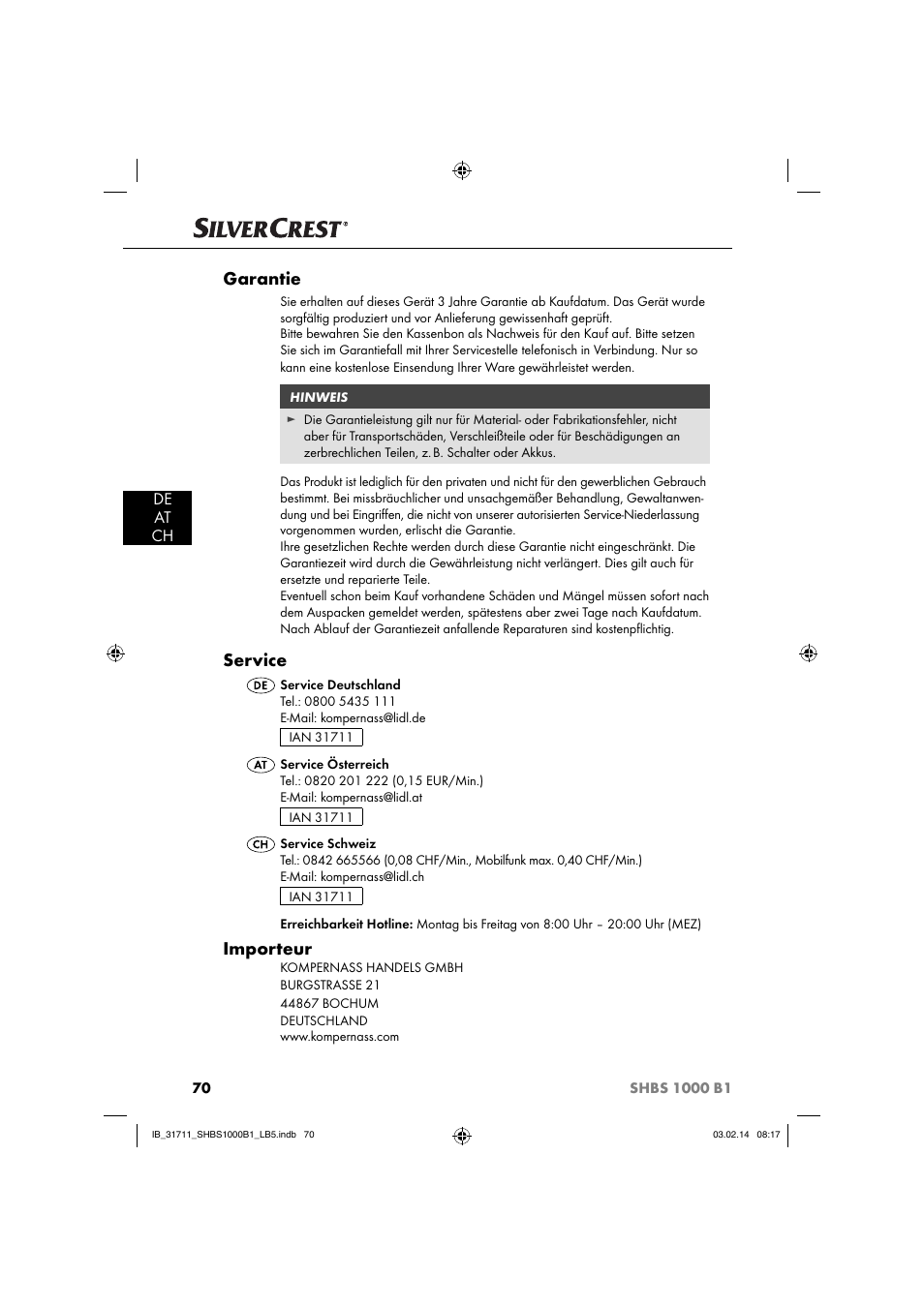 Garantie, Service, Importeur | De at ch | Silvercrest SHBS 1000 A1 User Manual | Page 73 / 74