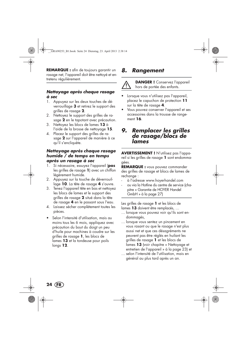 Rangement, Remplacer les grilles de rasage/blocs de lames | Silvercrest SFR 1200 A1 User Manual | Page 26 / 74