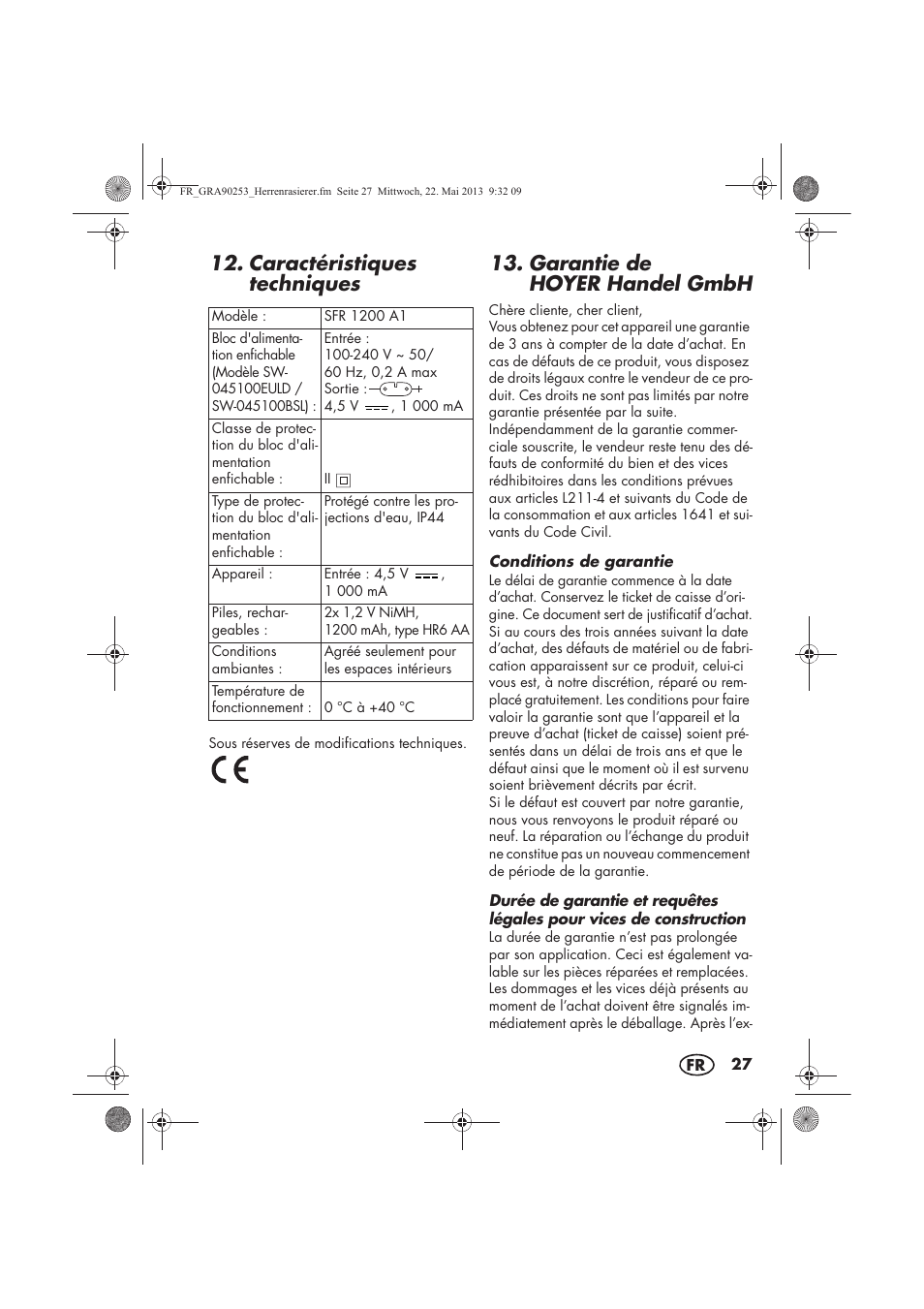 Caractéristiques techniques, Garantie de hoyer handel gmbh | Silvercrest SFR 1200 A1 User Manual | Page 29 / 74