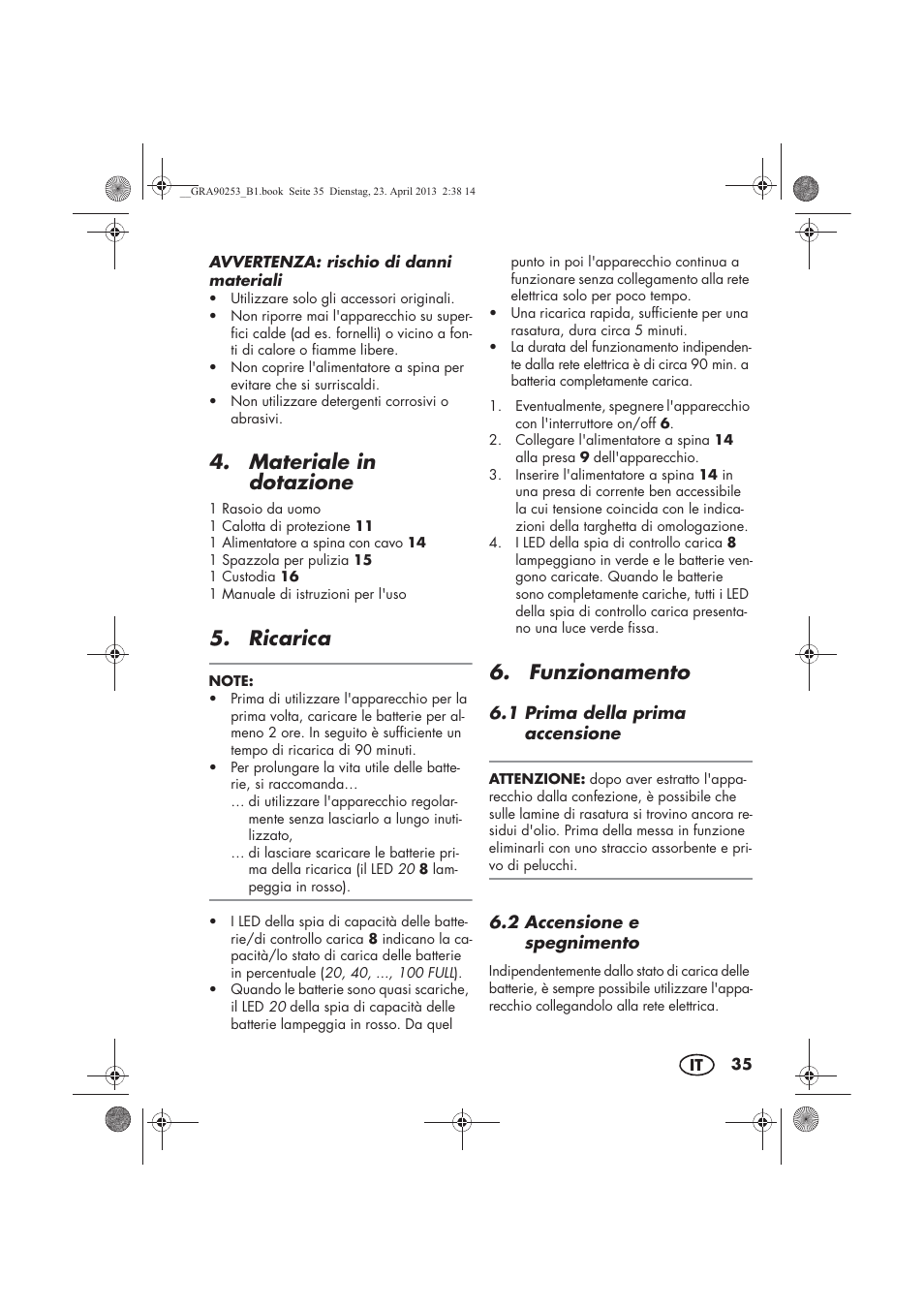 Materiale in dotazione, Ricarica, Funzionamento | Silvercrest SFR 1200 A1 User Manual | Page 37 / 74