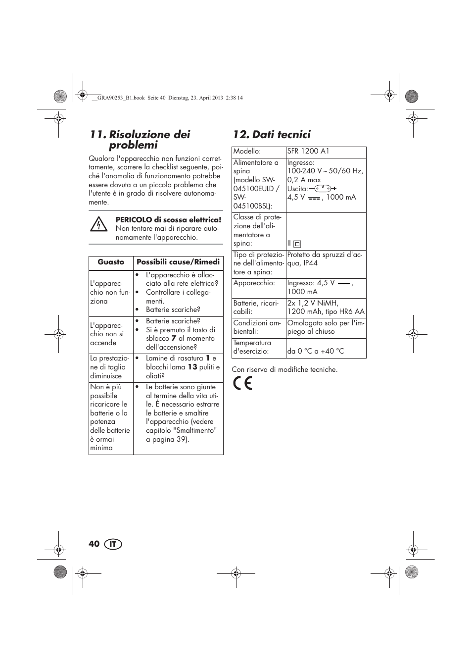 Risoluzione dei problemi, Dati tecnici | Silvercrest SFR 1200 A1 User Manual | Page 42 / 74