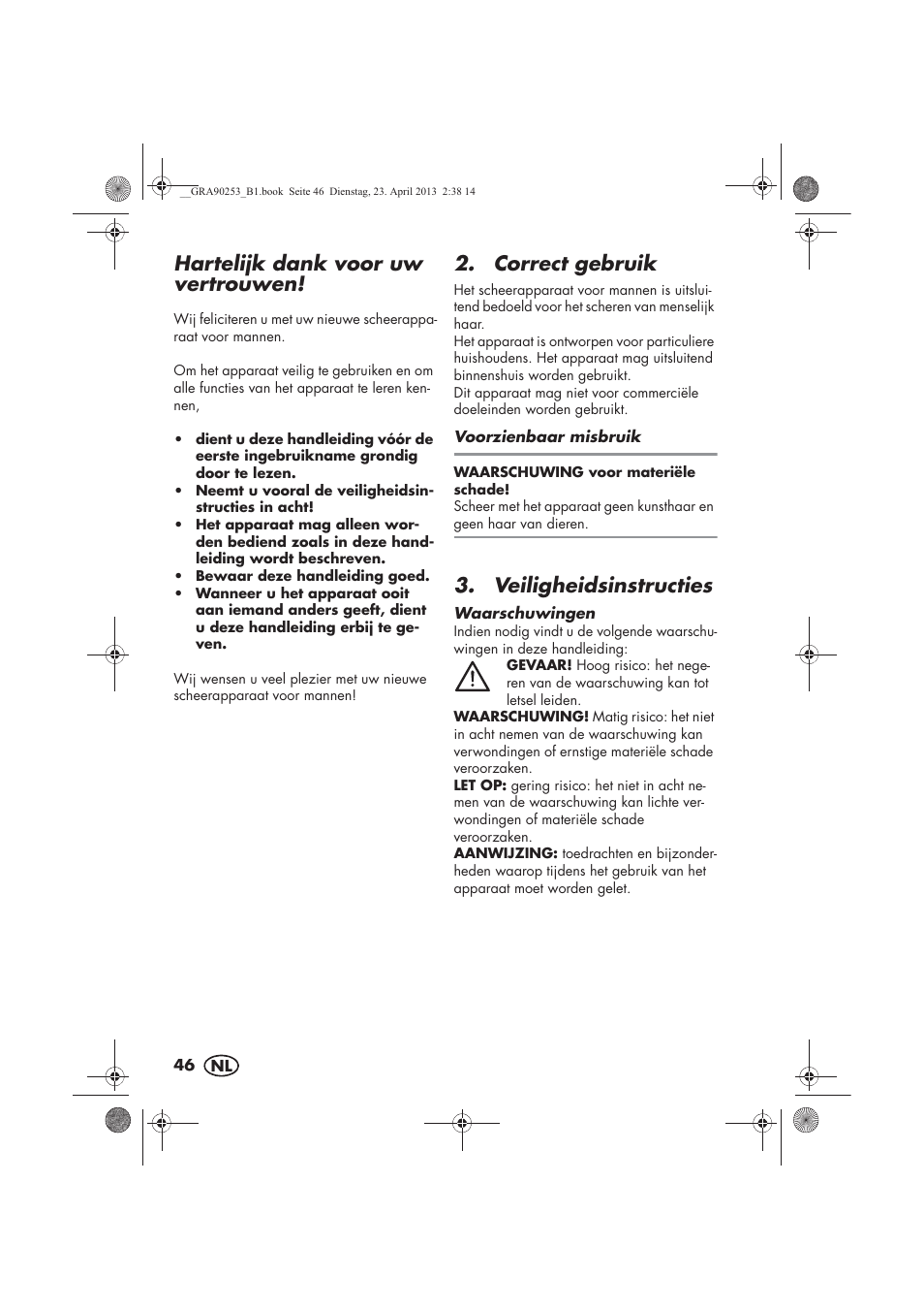 Hartelijk dank voor uw vertrouwen, Correct gebruik, Veiligheidsinstructies | Silvercrest SFR 1200 A1 User Manual | Page 48 / 74