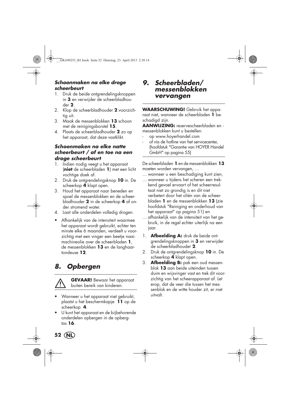 Opbergen, Scheerbladen/ messenblokken vervangen | Silvercrest SFR 1200 A1 User Manual | Page 54 / 74