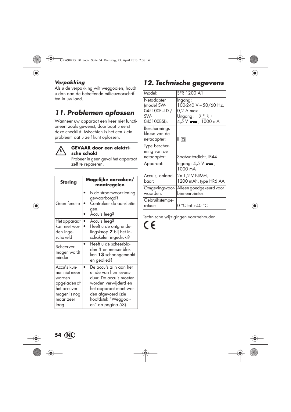 Problemen oplossen, Technische gegevens | Silvercrest SFR 1200 A1 User Manual | Page 56 / 74