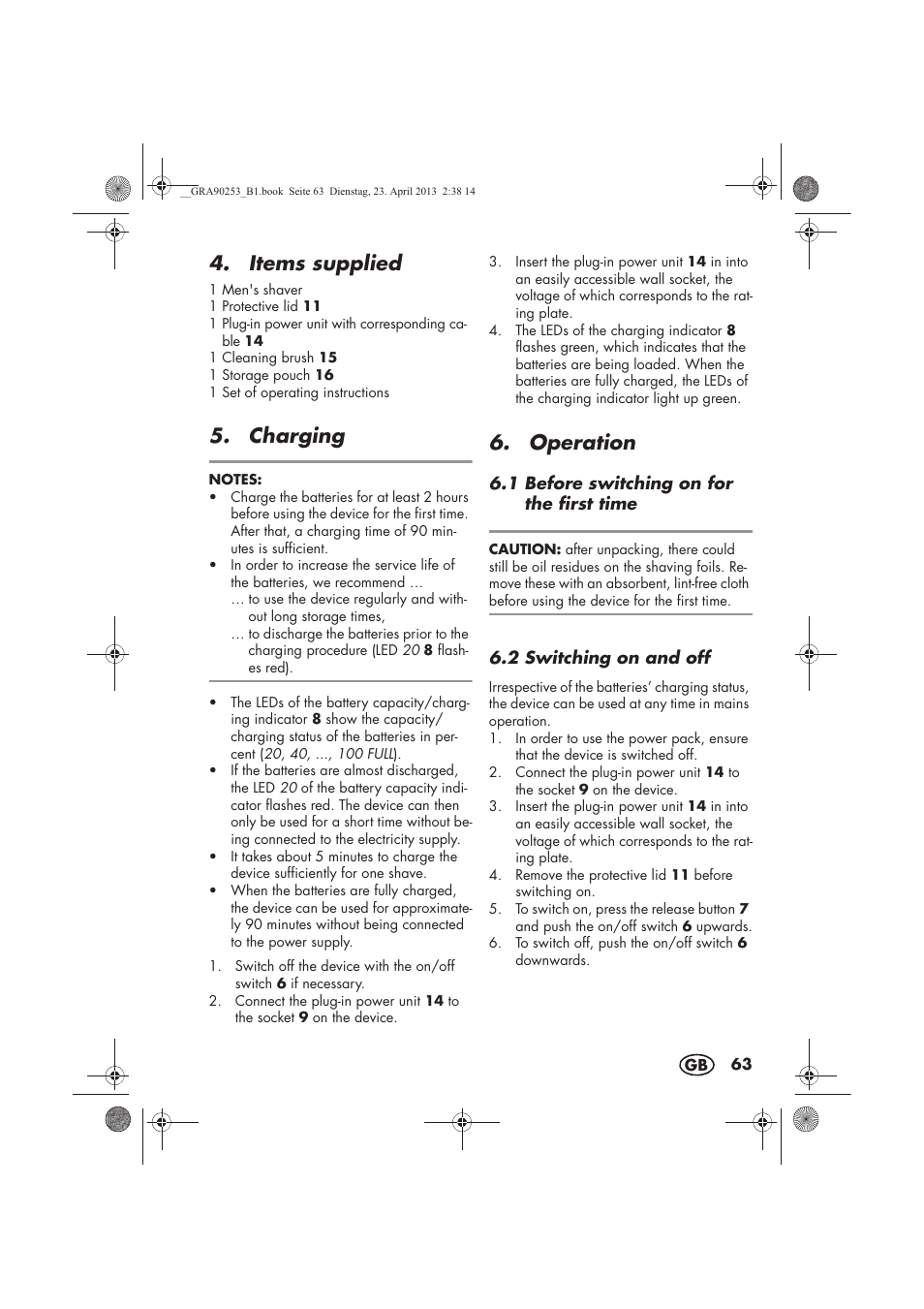 Items supplied, Charging, Operation | Silvercrest SFR 1200 A1 User Manual | Page 65 / 74