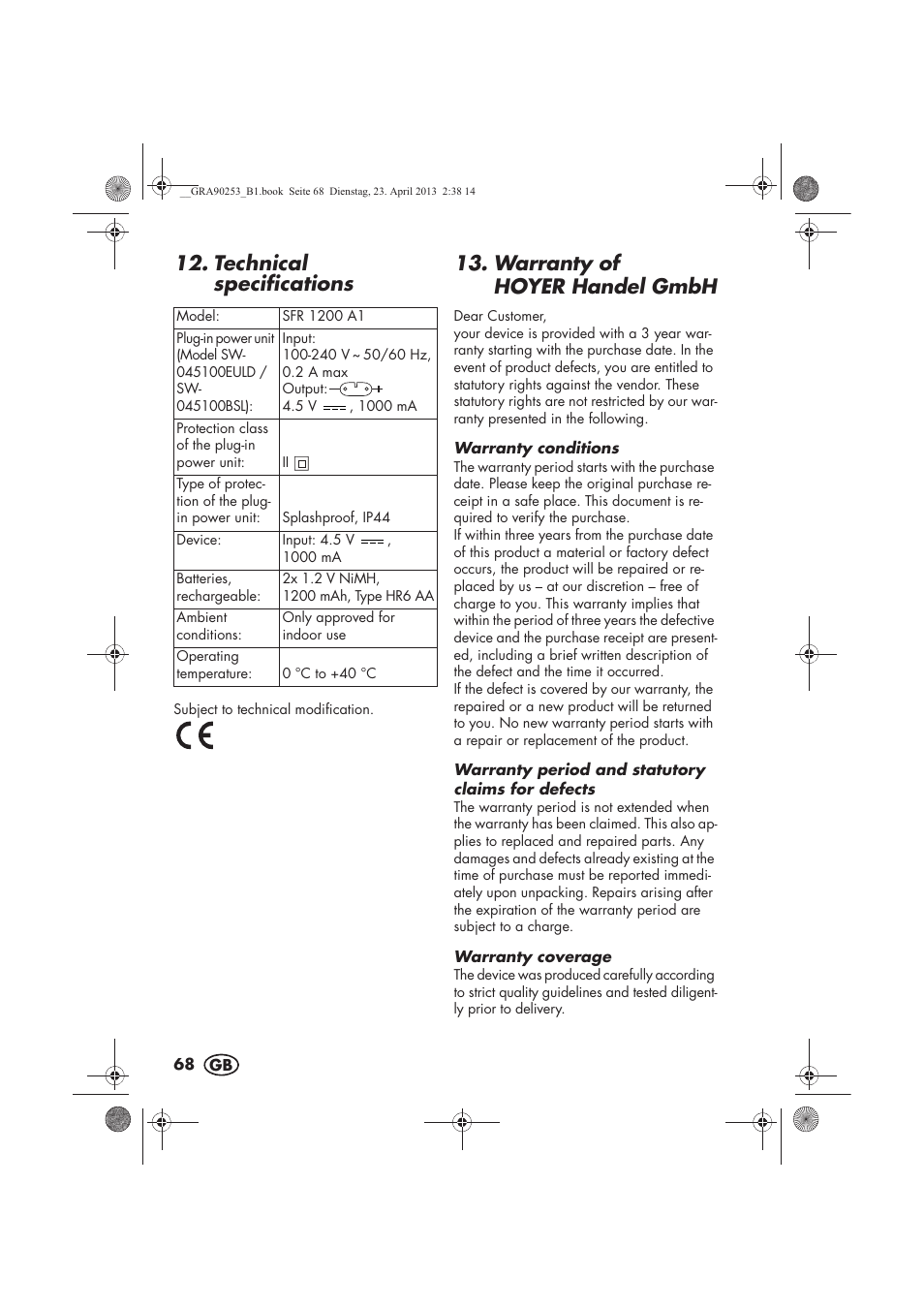 Technical specifications, Warranty of hoyer handel gmbh | Silvercrest SFR 1200 A1 User Manual | Page 70 / 74