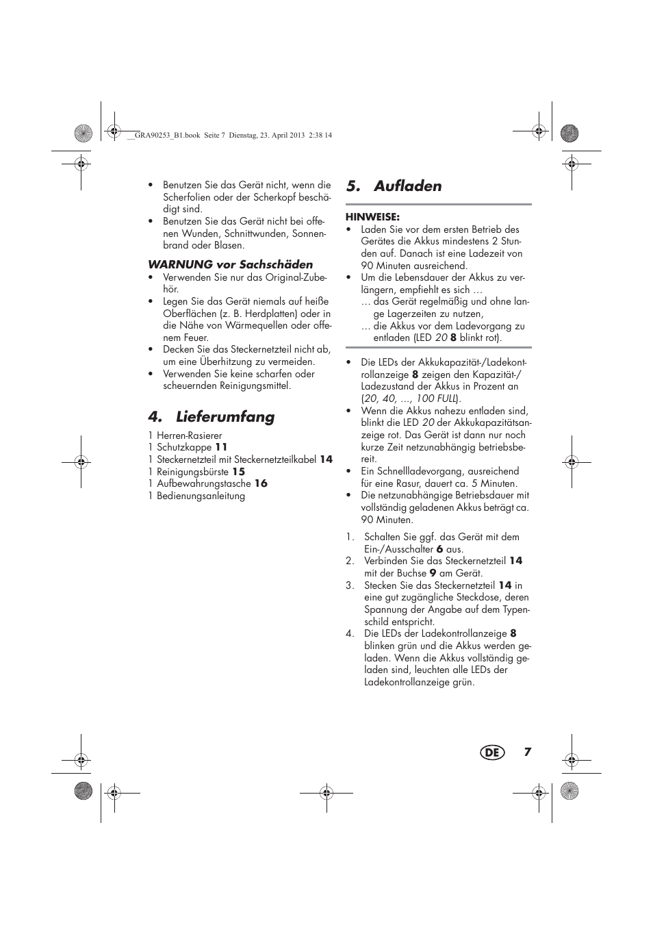 Lieferumfang, Aufladen | Silvercrest SFR 1200 A1 User Manual | Page 9 / 74