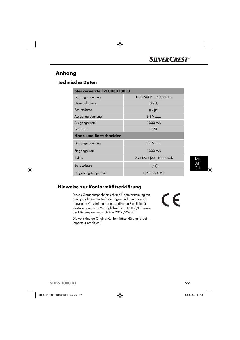 Anhang, Technische daten, Hinweise zur konformitätserklärung | De at ch | Silvercrest SHBS 1000 A1 User Manual | Page 100 / 102