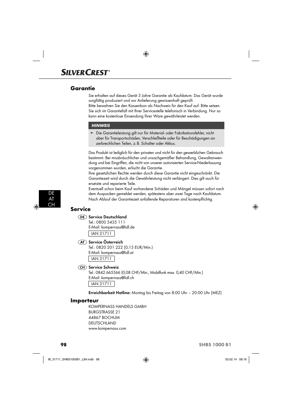 Garantie, Service, Importeur | De at ch | Silvercrest SHBS 1000 A1 User Manual | Page 101 / 102
