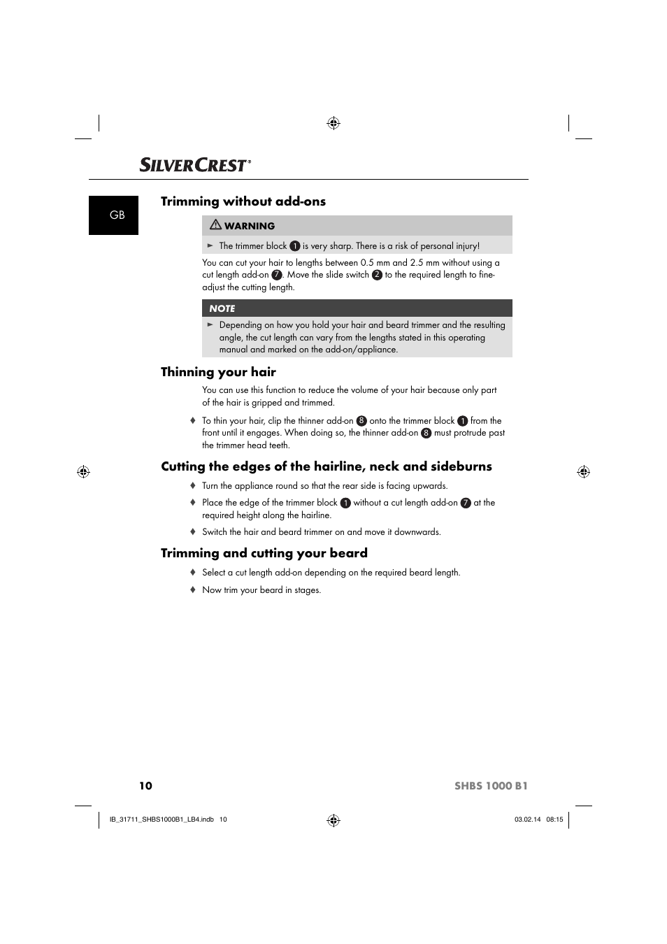 Trimming without add-ons, Thinning your hair, Trimming and cutting your beard | Silvercrest SHBS 1000 A1 User Manual | Page 13 / 102