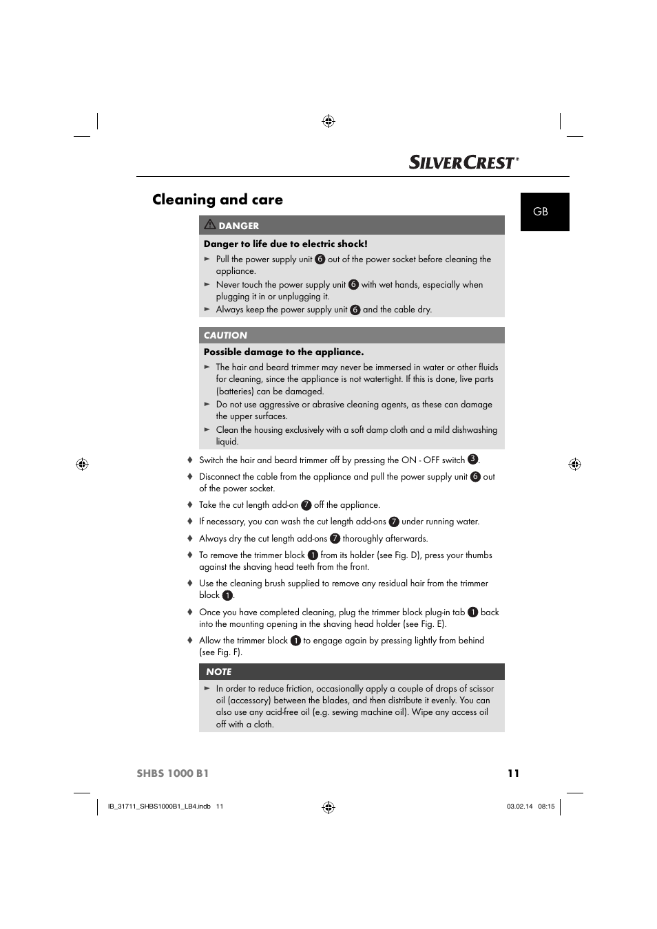 Cleaning and care | Silvercrest SHBS 1000 A1 User Manual | Page 14 / 102