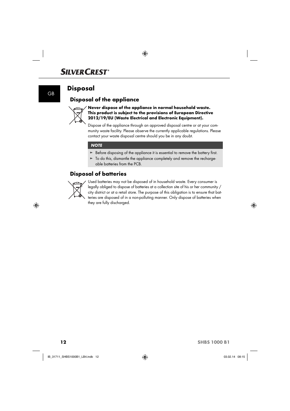 Disposal, Disposal of the appliance, Disposal of batteries | Silvercrest SHBS 1000 A1 User Manual | Page 15 / 102