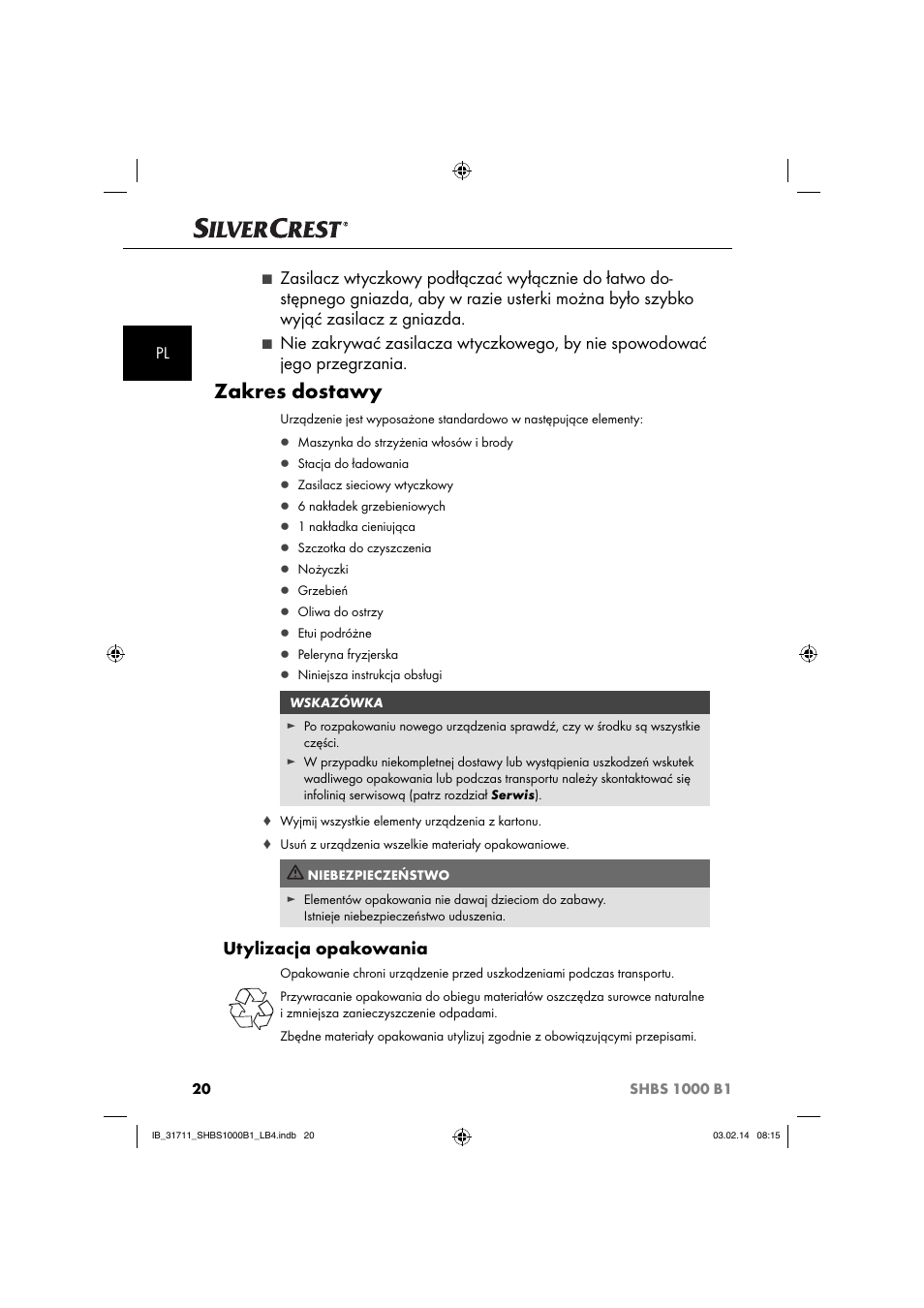 Zakres dostawy, Utylizacja opakowania | Silvercrest SHBS 1000 A1 User Manual | Page 23 / 102