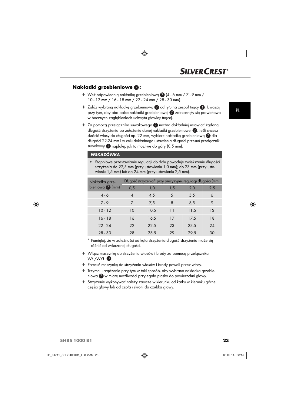 Pl nakładki grzebieniowe | Silvercrest SHBS 1000 A1 User Manual | Page 26 / 102