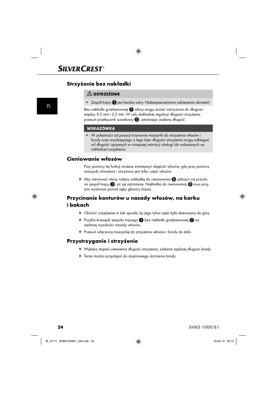 Strzyżenie bez nakładki, Cieniowanie włosów, Przystrzyganie i strzyżenie | Silvercrest SHBS 1000 A1 User Manual | Page 27 / 102