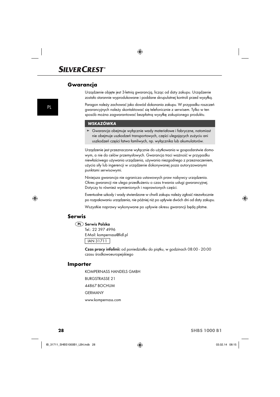 Gwarancja, Serwis, Importer | Silvercrest SHBS 1000 A1 User Manual | Page 31 / 102