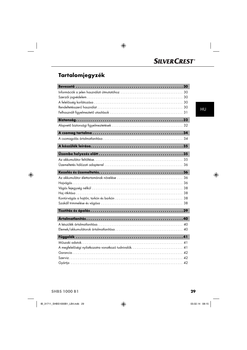 Tartalomjegyzék | Silvercrest SHBS 1000 A1 User Manual | Page 32 / 102