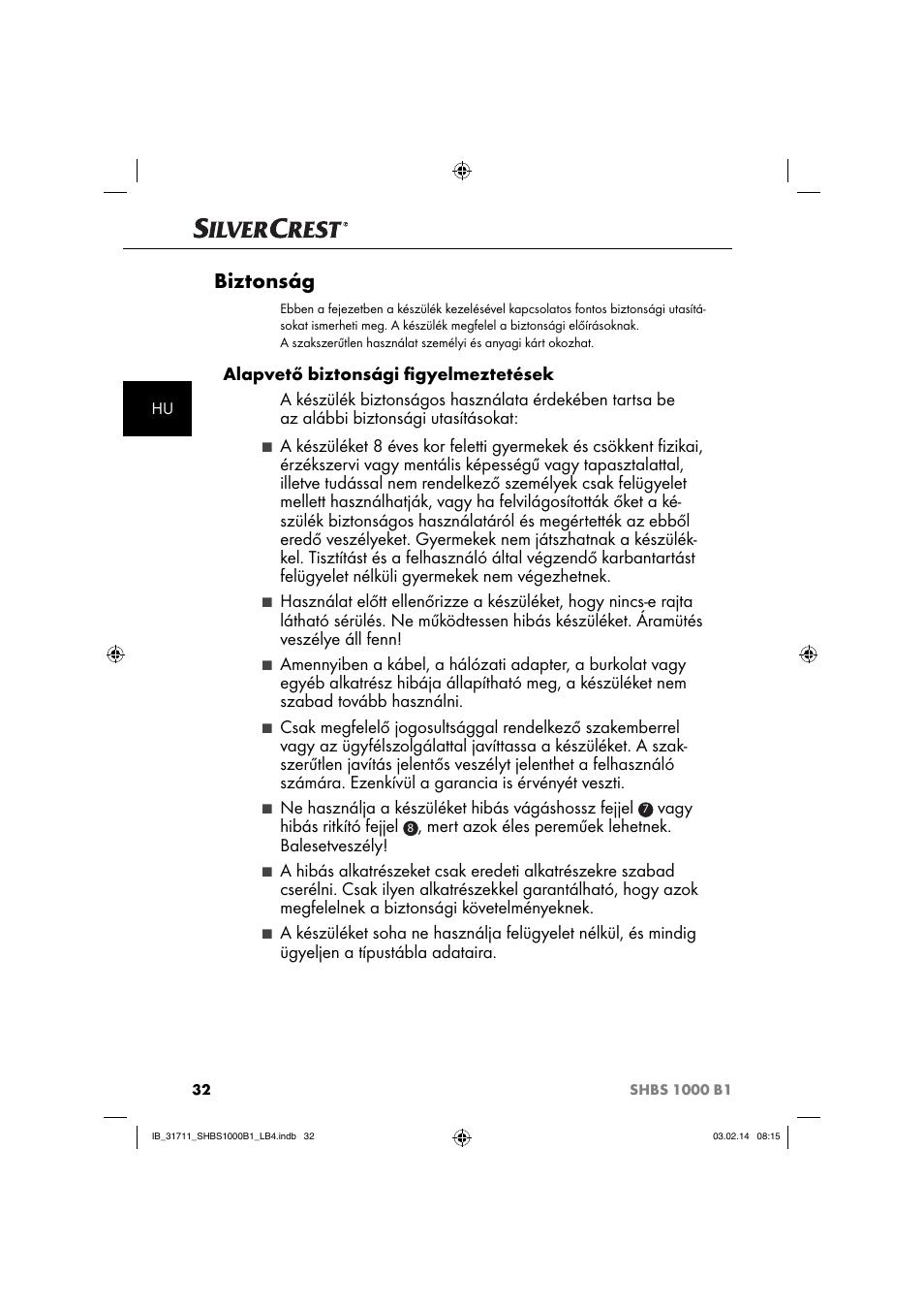 Biztonság | Silvercrest SHBS 1000 A1 User Manual | Page 35 / 102