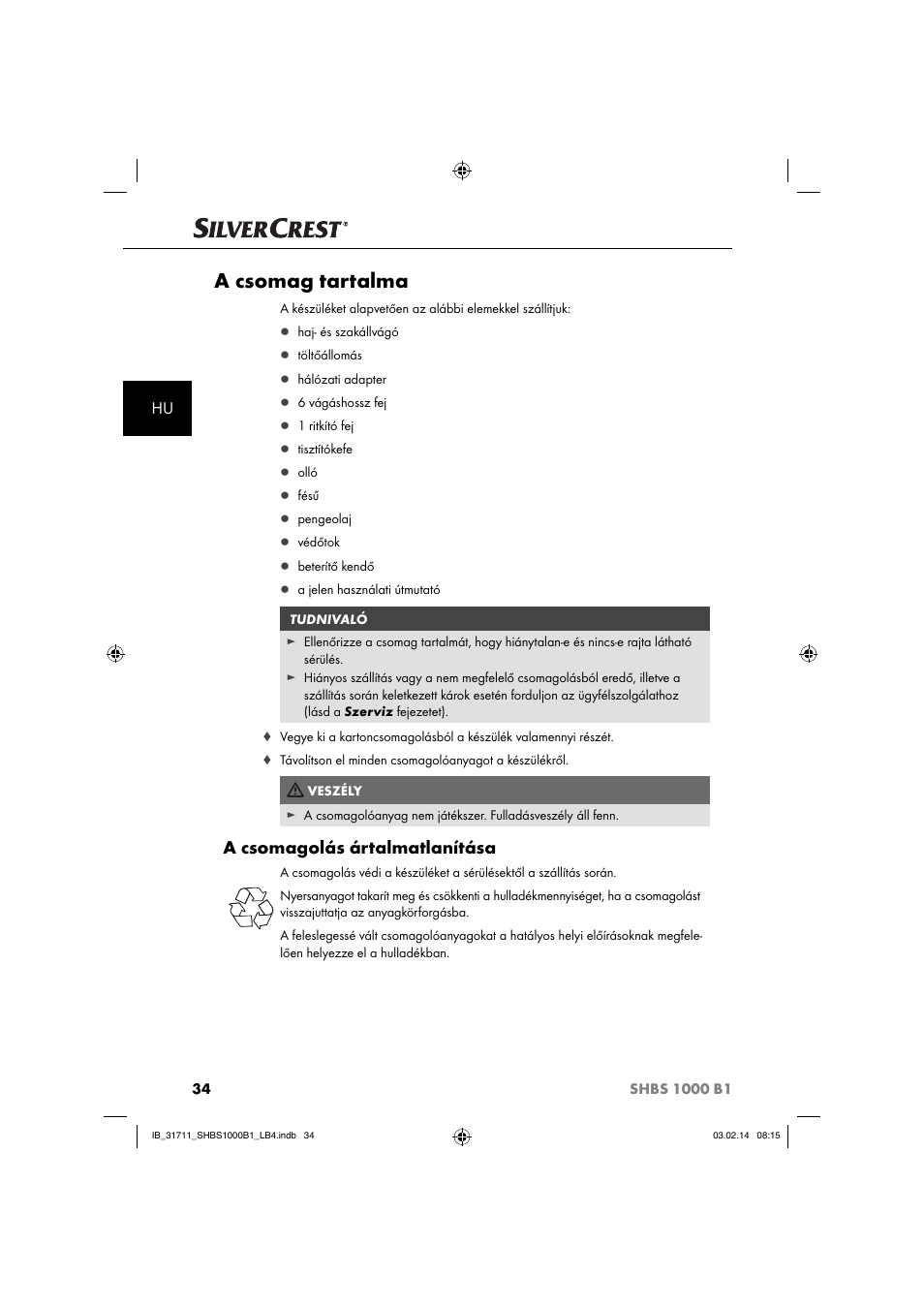 A csomag tartalma, A csomagolás ártalmatlanítása | Silvercrest SHBS 1000 A1 User Manual | Page 37 / 102