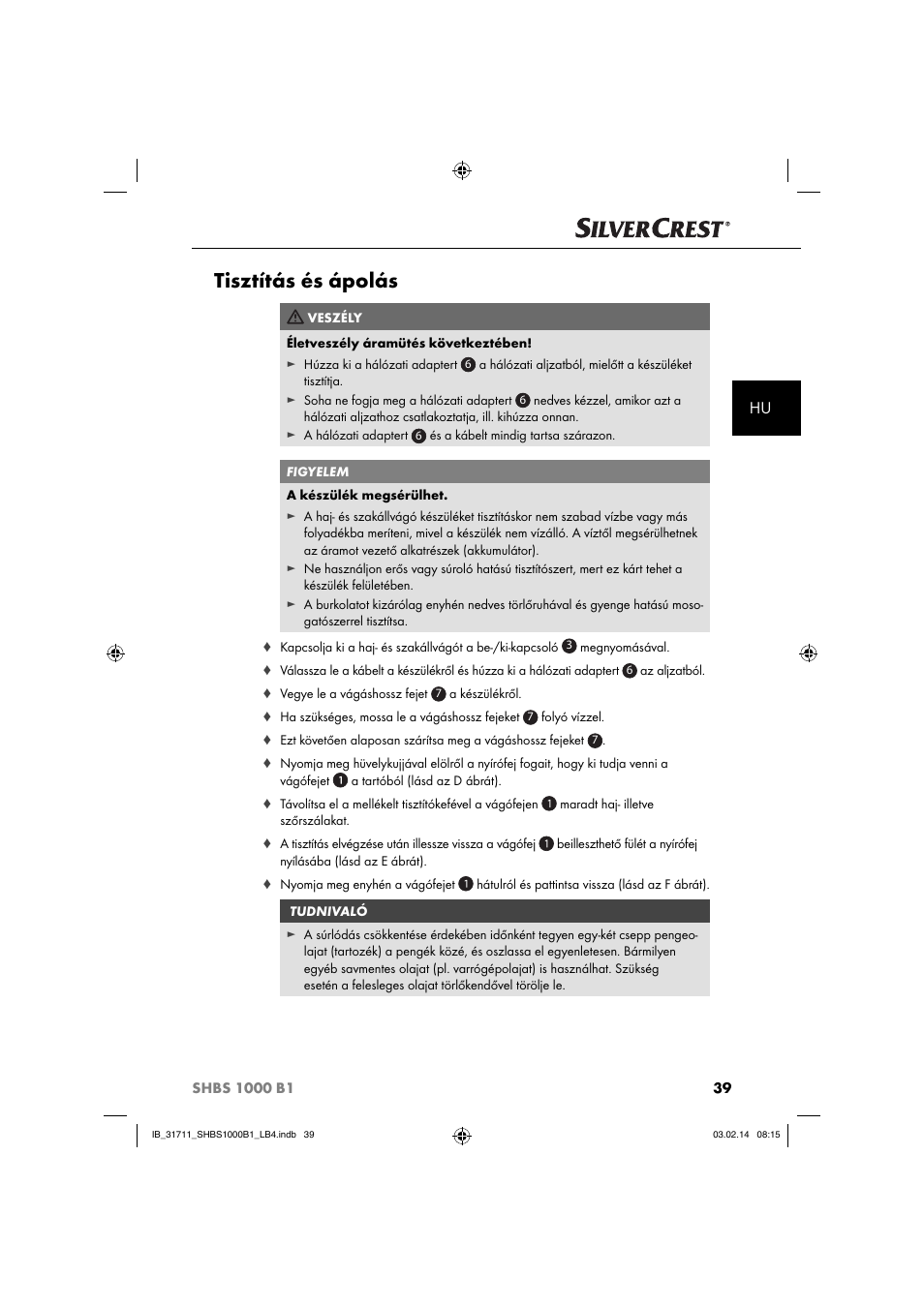 Tisztítás és ápolás | Silvercrest SHBS 1000 A1 User Manual | Page 42 / 102