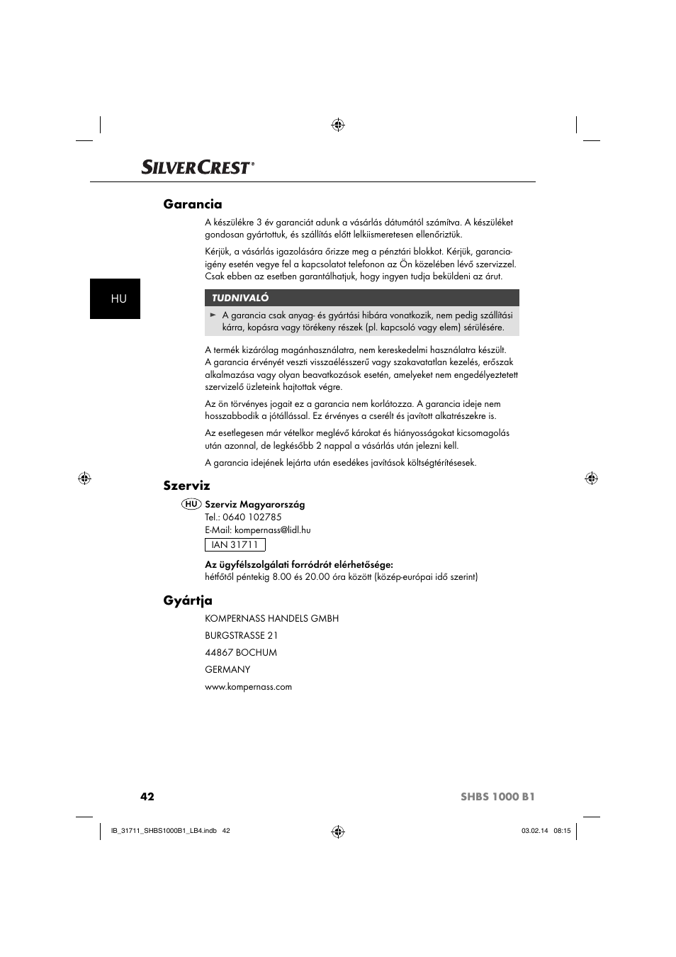 Garancia, Szerviz, Gyártja | Silvercrest SHBS 1000 A1 User Manual | Page 45 / 102