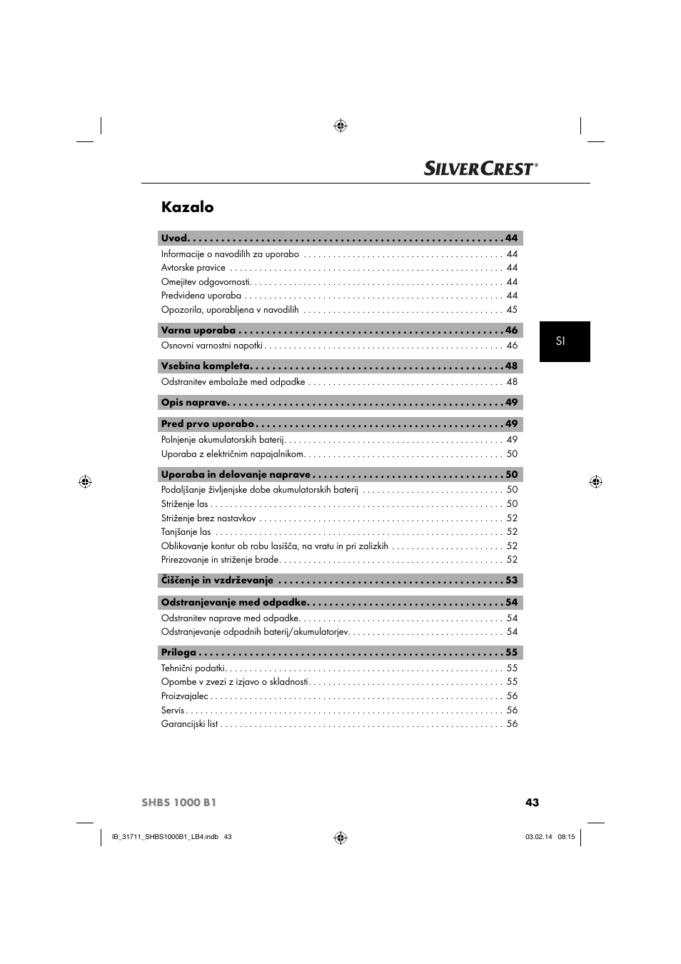 Kazalo | Silvercrest SHBS 1000 A1 User Manual | Page 46 / 102
