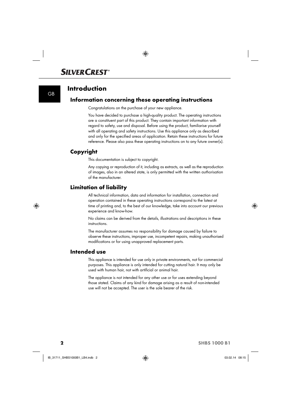 Introduction, Copyright, Limitation of liability | Intended use | Silvercrest SHBS 1000 A1 User Manual | Page 5 / 102