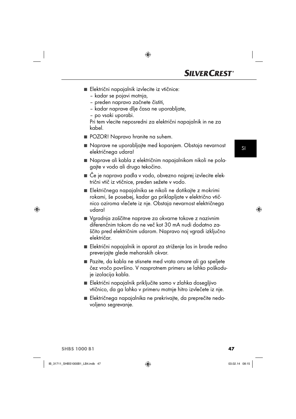 Pozor! napravo hranite na suhem | Silvercrest SHBS 1000 A1 User Manual | Page 50 / 102