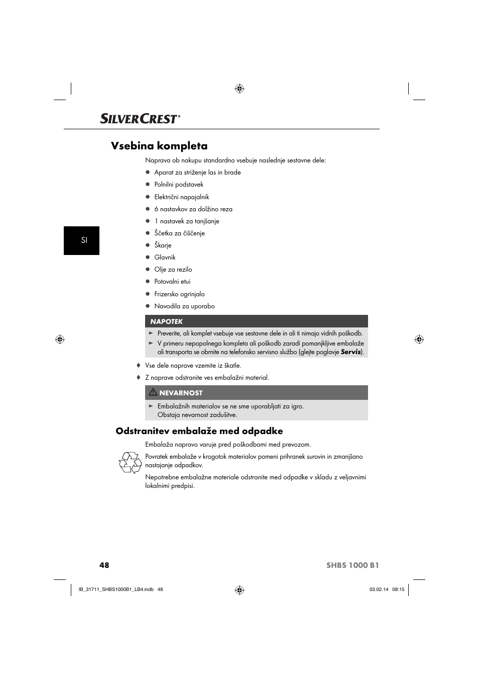 Vsebina kompleta, Odstranitev embalaže med odpadke | Silvercrest SHBS 1000 A1 User Manual | Page 51 / 102