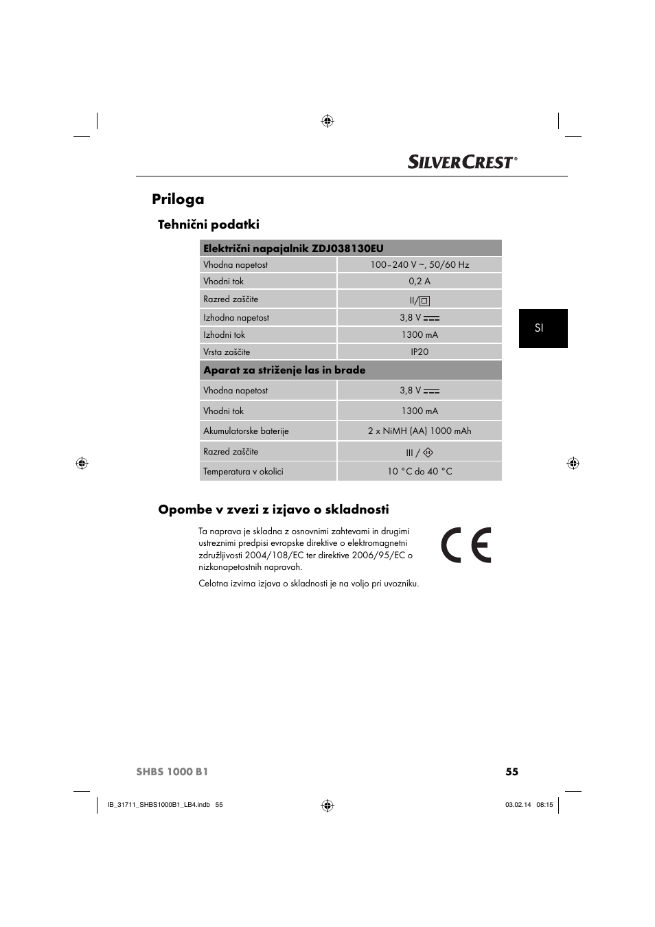 Priloga, Tehnični podatki, Opombe v zvezi z izjavo o skladnosti | Silvercrest SHBS 1000 A1 User Manual | Page 58 / 102