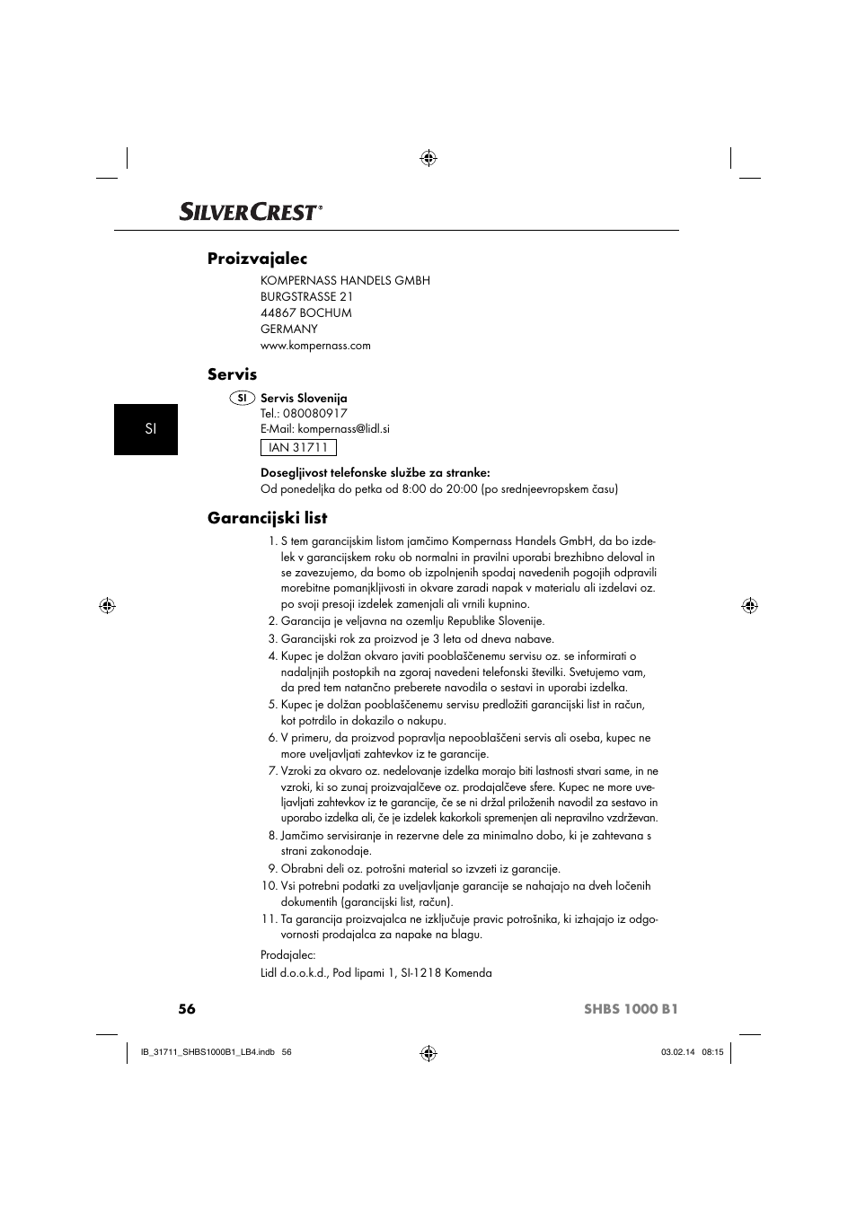 Proizvajalec, Servis, Garancijski list | Silvercrest SHBS 1000 A1 User Manual | Page 59 / 102