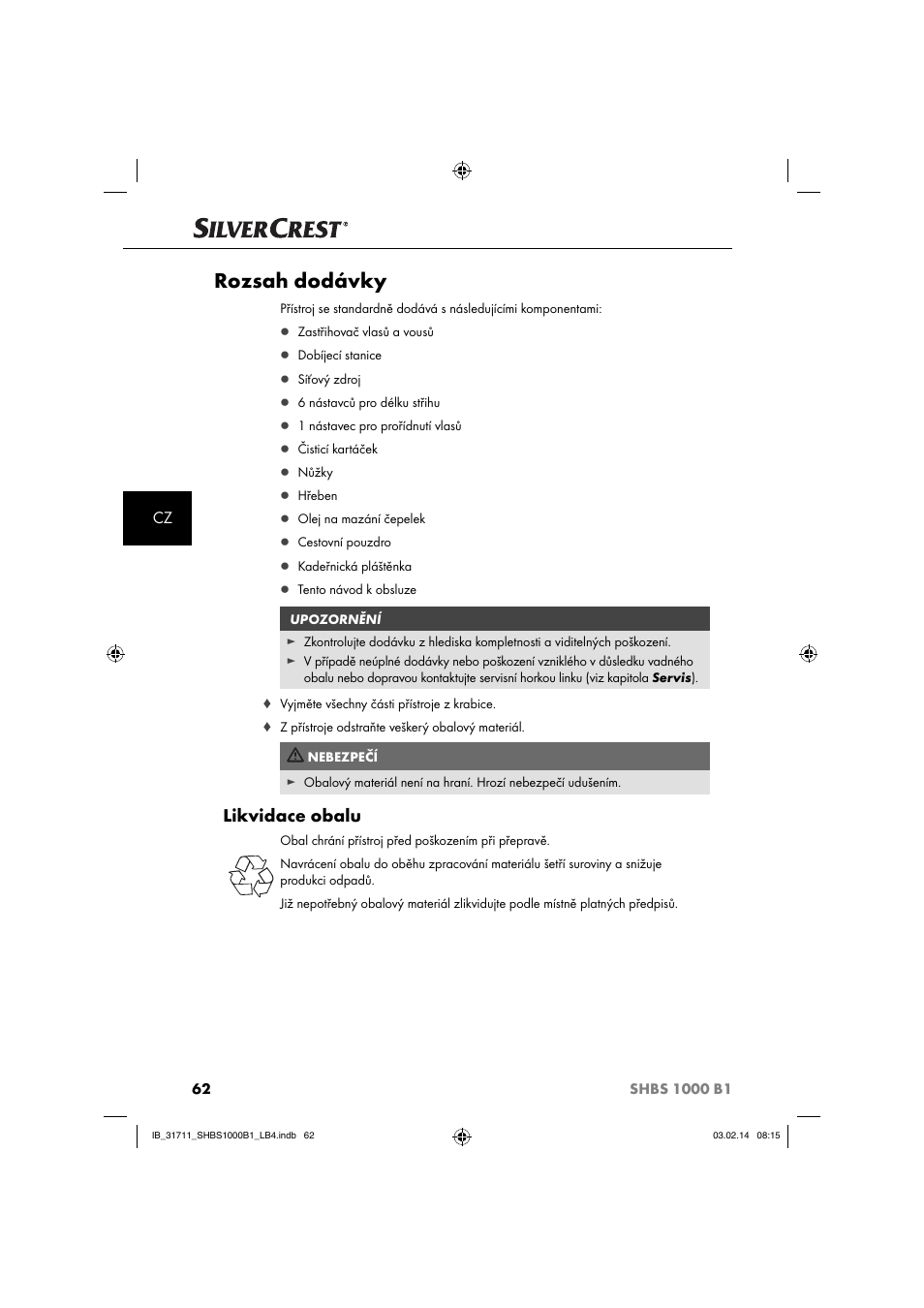 Rozsah dodávky, Likvidace obalu | Silvercrest SHBS 1000 A1 User Manual | Page 65 / 102