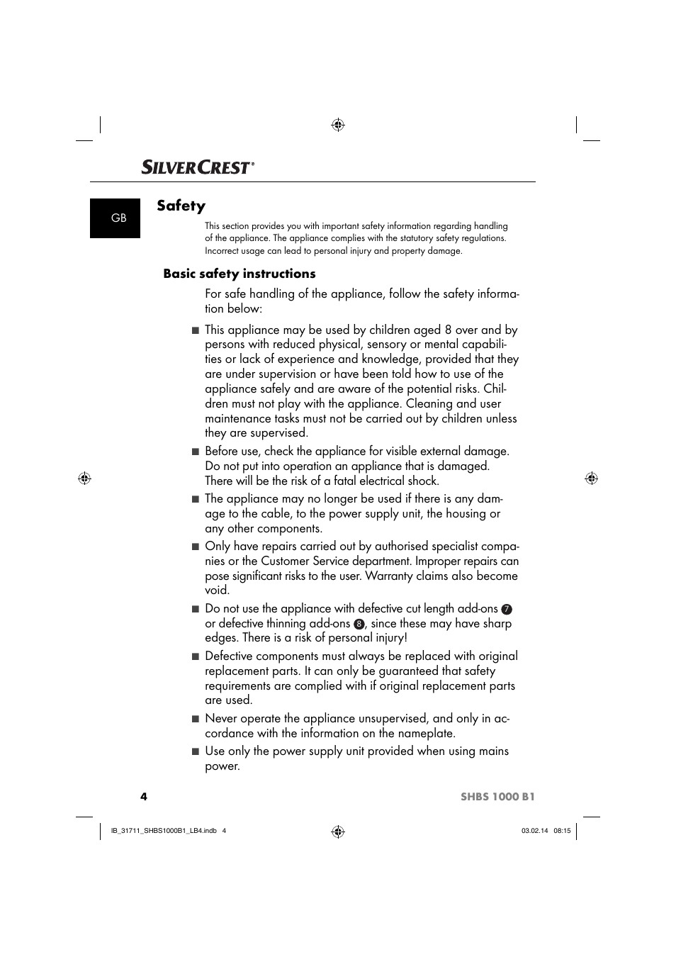 Safety, Or defective thinning add-ons | Silvercrest SHBS 1000 A1 User Manual | Page 7 / 102