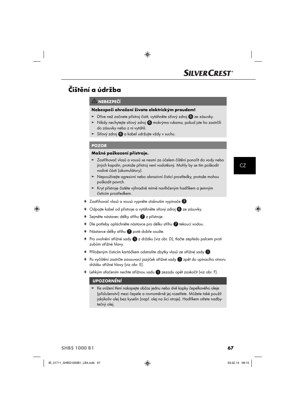 Čištění a údržba | Silvercrest SHBS 1000 A1 User Manual | Page 70 / 102