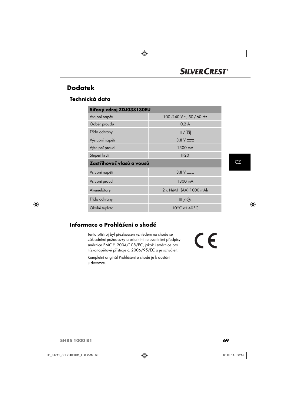 Dodatek, Technická data, Informace o prohlášení o shodě | Silvercrest SHBS 1000 A1 User Manual | Page 72 / 102