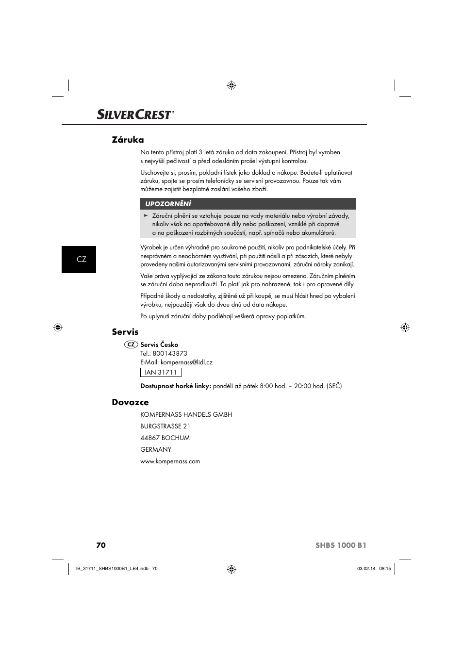 Záruka, Servis, Dovozce | Silvercrest SHBS 1000 A1 User Manual | Page 73 / 102
