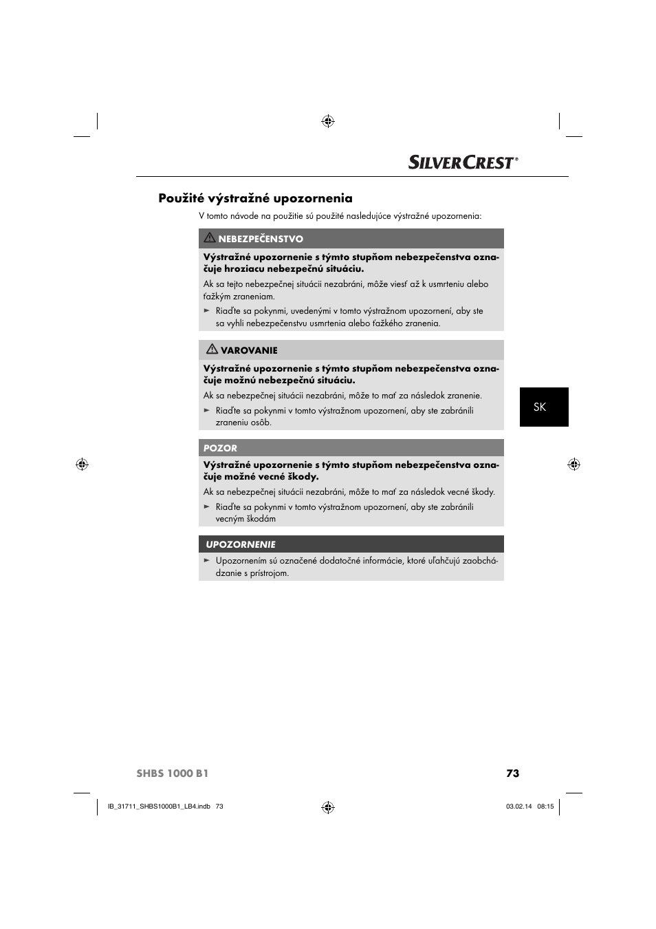 Použité výstražné upozornenia | Silvercrest SHBS 1000 A1 User Manual | Page 76 / 102