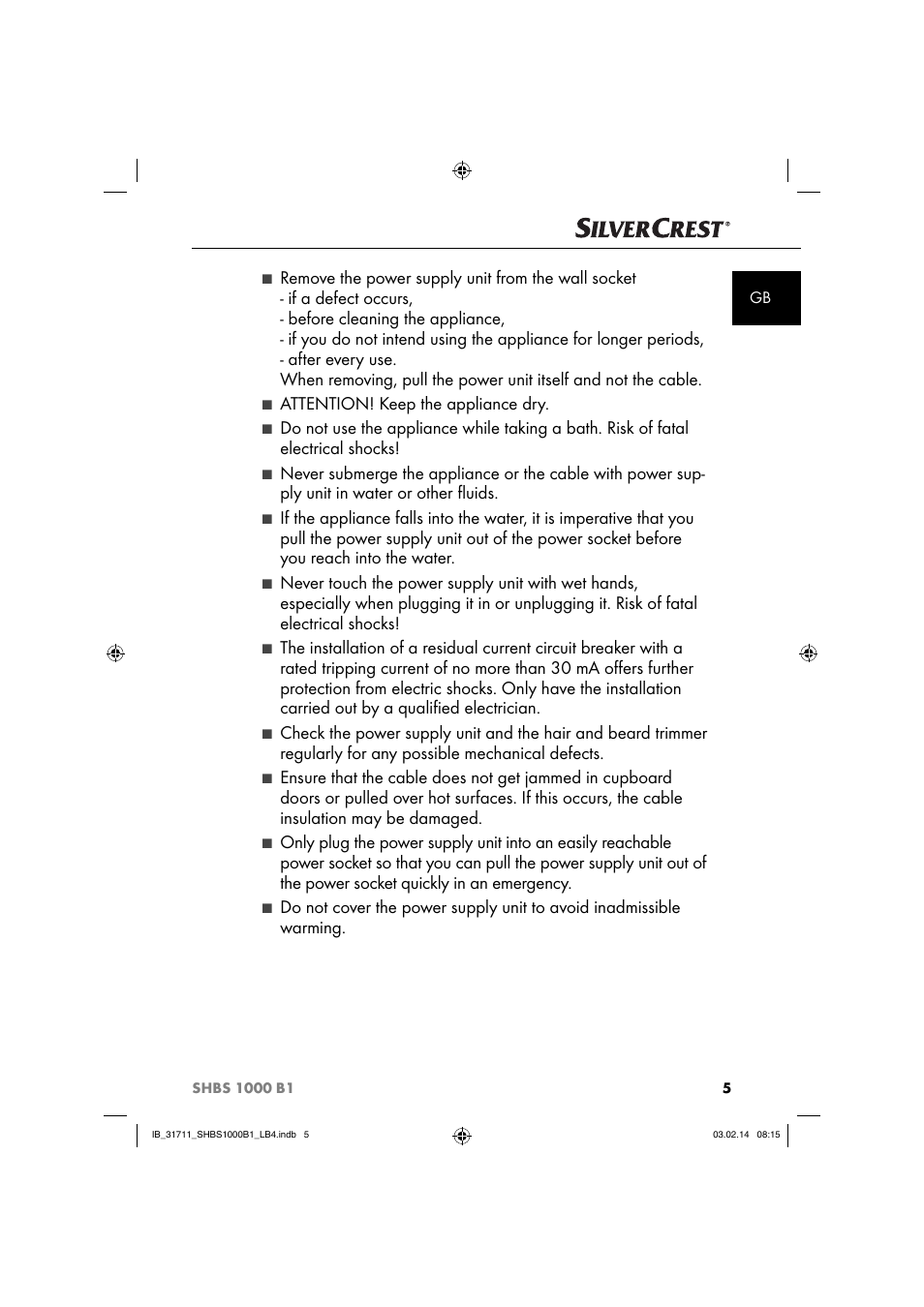 Attention! keep the appliance dry | Silvercrest SHBS 1000 A1 User Manual | Page 8 / 102