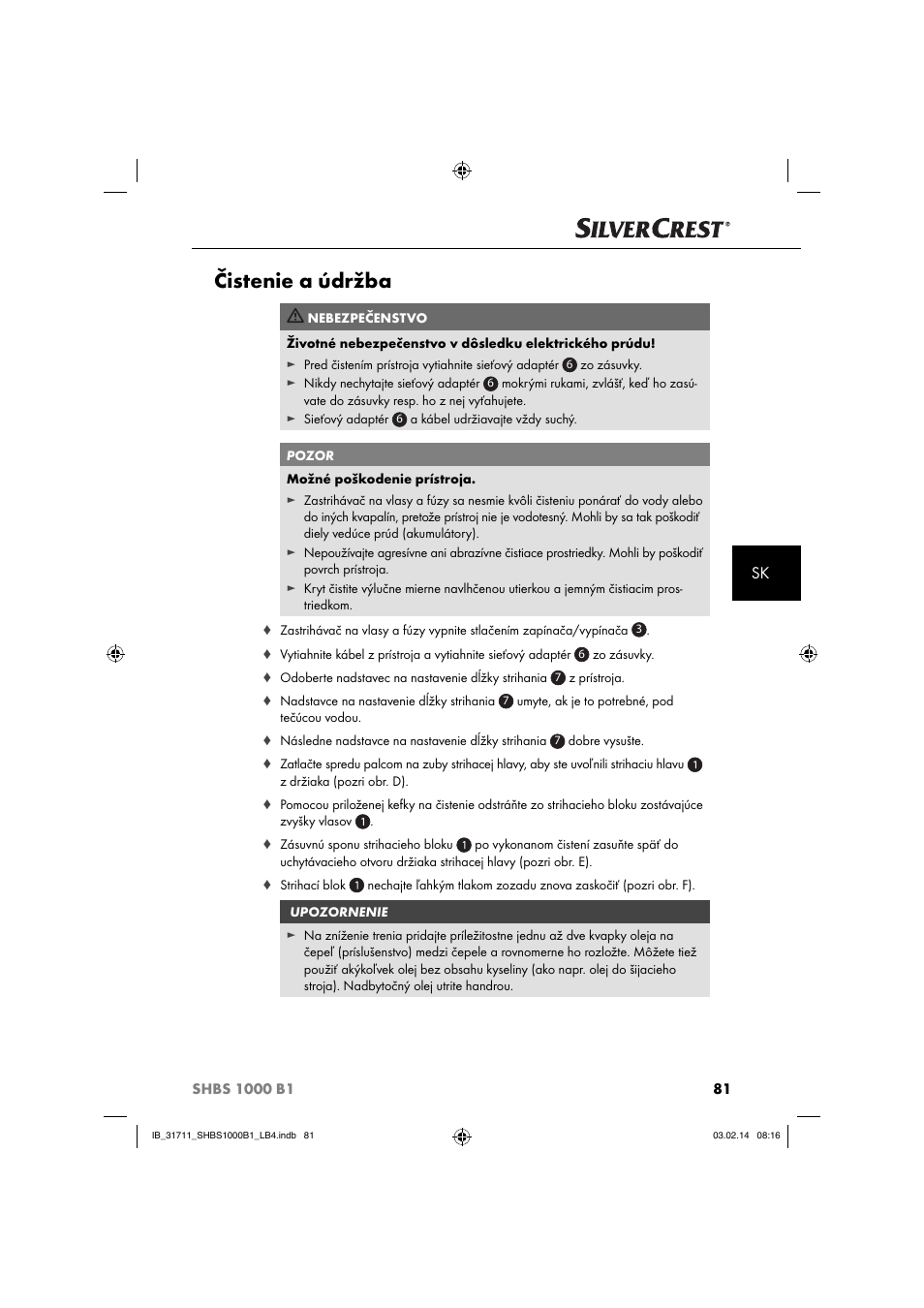 Čistenie a údržba | Silvercrest SHBS 1000 A1 User Manual | Page 84 / 102