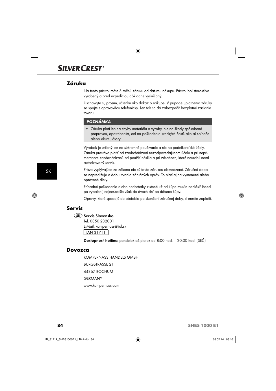 Záruka, Servis, Dovozca | Silvercrest SHBS 1000 A1 User Manual | Page 87 / 102