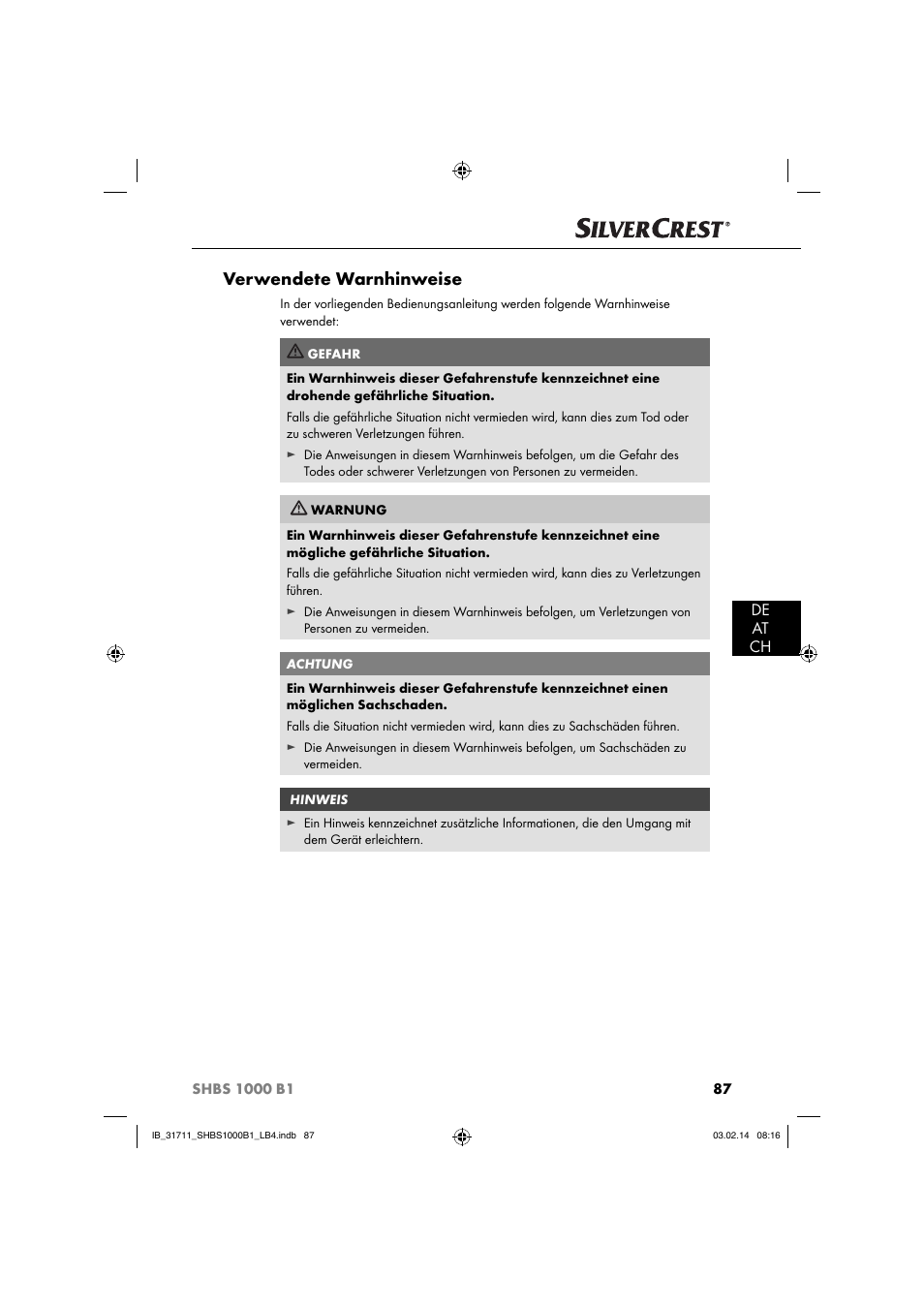 Verwendete warnhinweise, De at ch | Silvercrest SHBS 1000 A1 User Manual | Page 90 / 102